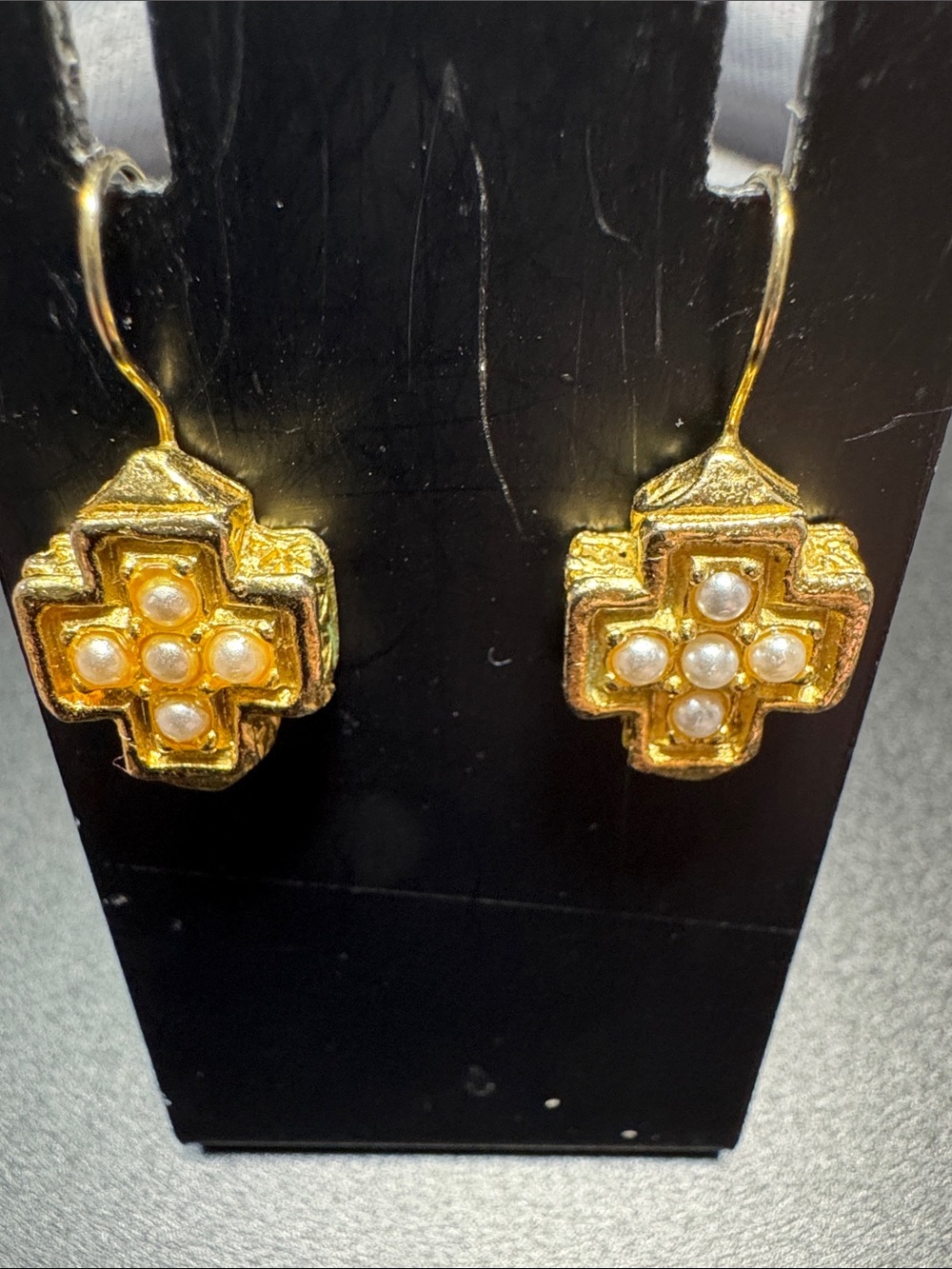 VTG Source Unknown Gold Cross Drop Earrings with Pearl Accents